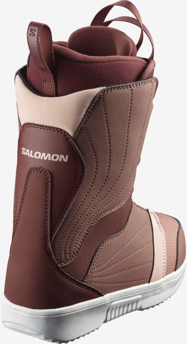 Salomon Ladies Pearl BOA Snowboard Boot 2023 - A brown snowboard boot with a white stripe on the side and a strap at the top.