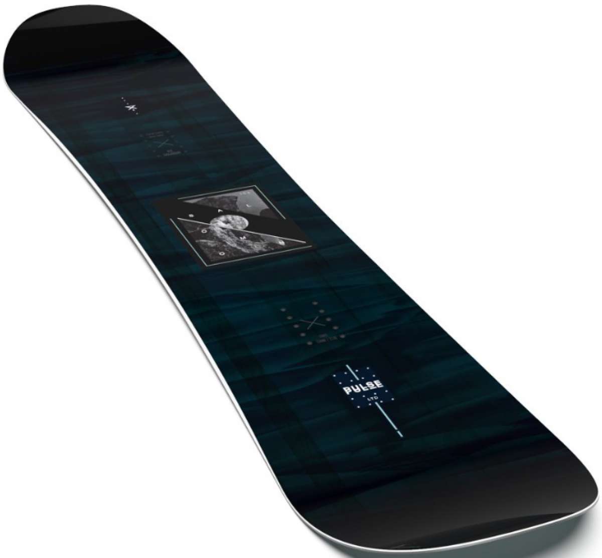 Salomon Pulse LTD Snowboard 2023 - A black snowboard with a white logo and text on top, featuring a geometric design in shades of gray.