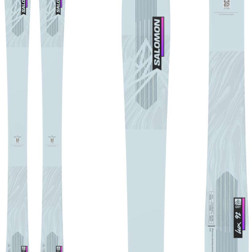 Salomon Women's QST Lux 92 Flat Ski 2023 - White ski with gray patterned design and purple accents.