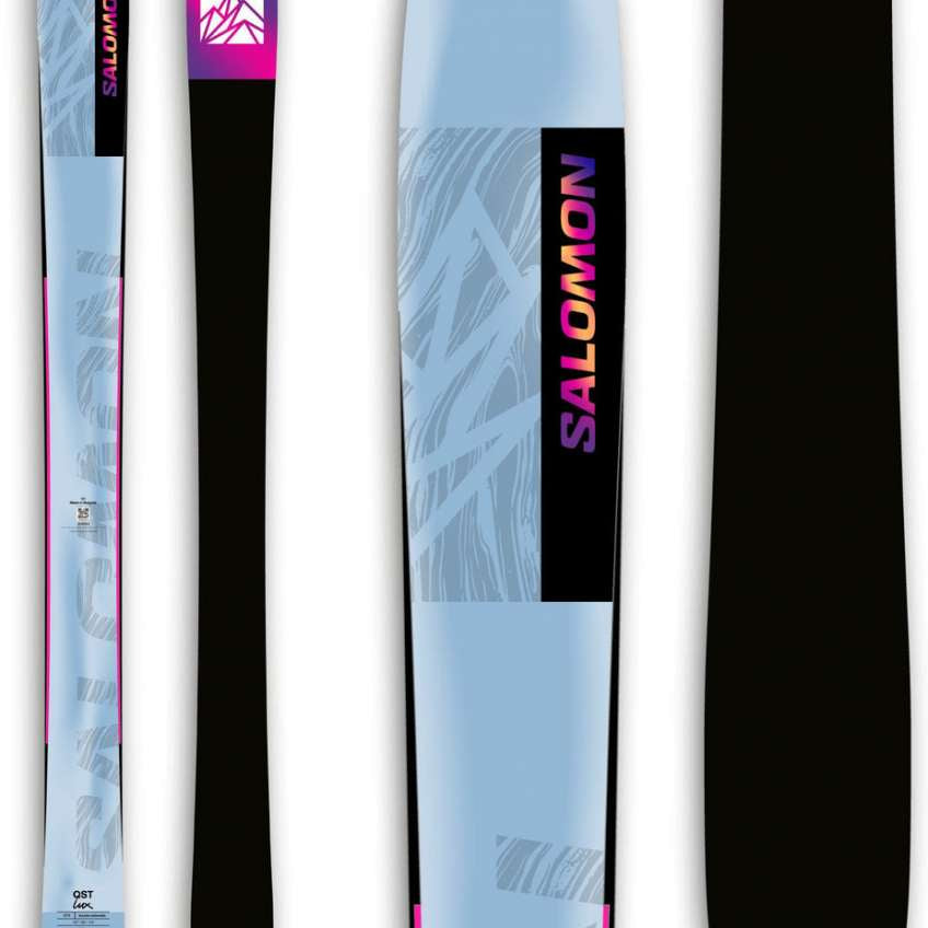 Salomon Women's QST Lux 92 Flat Ski 2024 - A light blue ski with a white logo and pink accents.