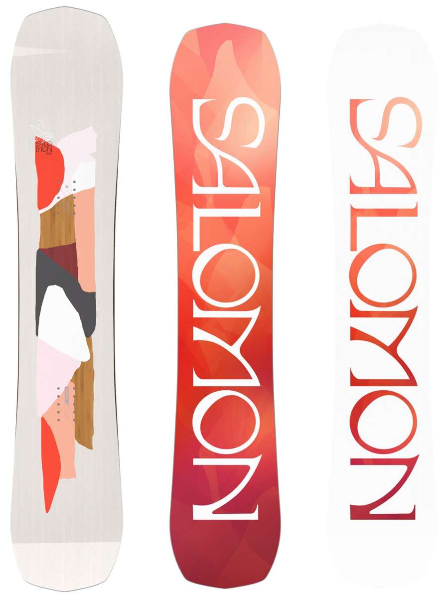 Salomon Women's Rumble Fish Snowboard 2024 - A snowboard with a fish-shaped graphic on its top surface, featuring shades of blue and white.