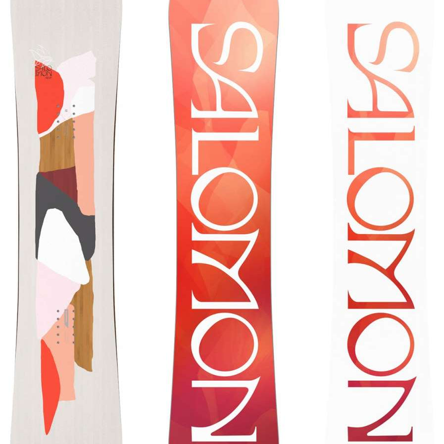 Salomon Women's Rumble Fish Snowboard 2024 - A snowboard with a fish-shaped graphic on its top surface, featuring shades of blue and white.