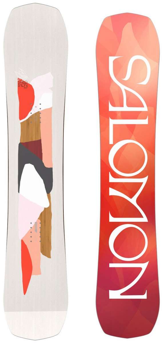 Salomon Women's Rumble Fish Snowboard 2024 - A snowboard with a white fish graphic on an orange background.