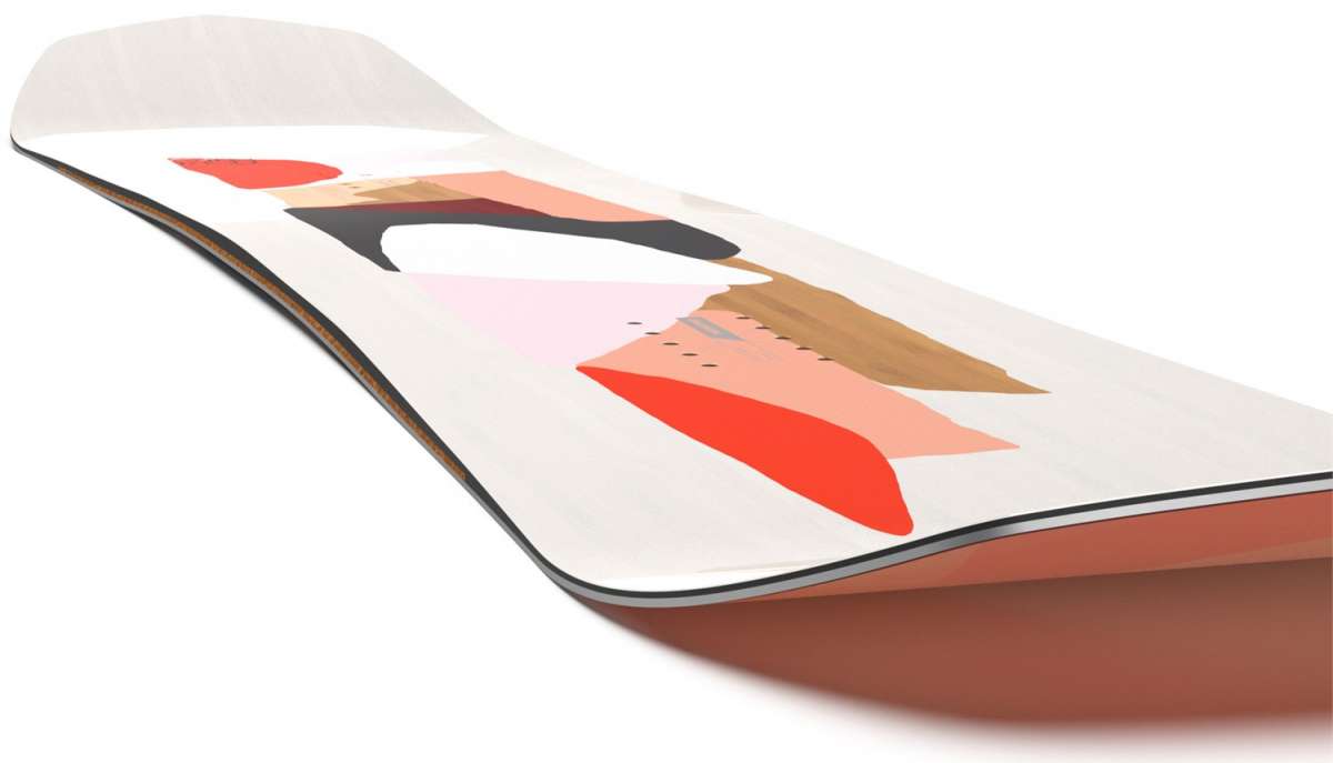 Salomon Women's Rumble Fish Snowboard 2024 - A white snowboard with a colorful abstract design featuring red, pink, black and brown shapes.