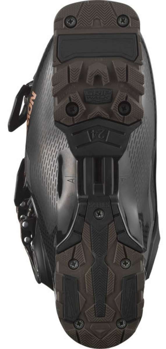 Salomon Women's S/Pro HV 100 Ski Boots 2024 - Black ski boots with a textured, rubberized toe cap and silver buckles.