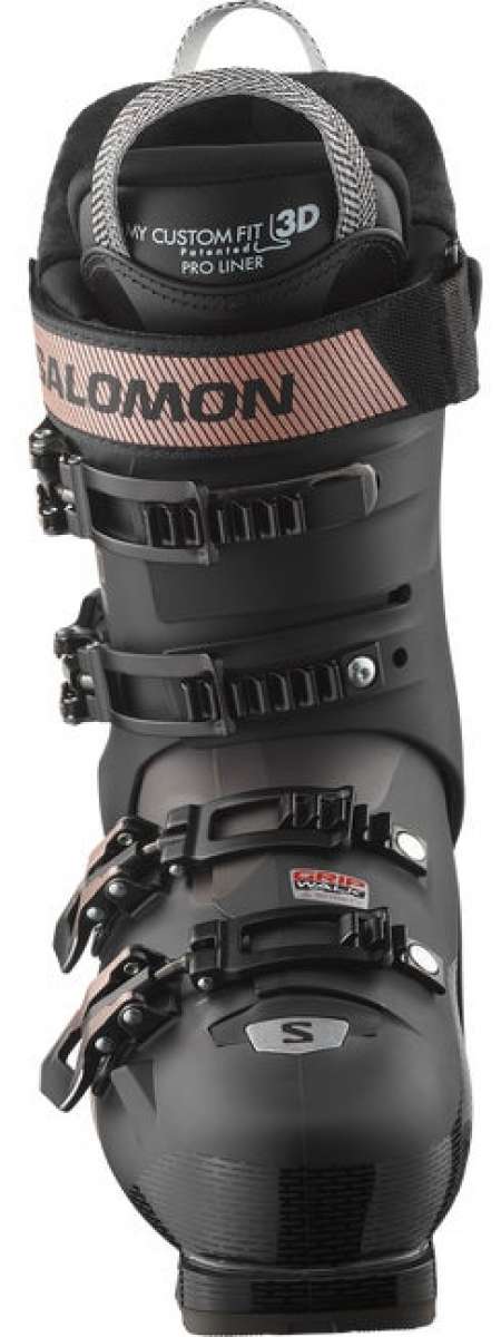 Salomon Women's S/Pro HV 100 Ski Boots 2024 - Black ski boots with white lettering and a pink stripe on the side.