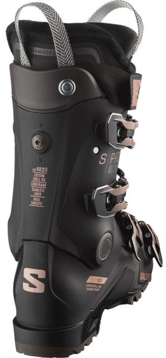 Salomon Women's S/Pro HV 100 Ski Boots 2024 - Black ski boots with silver buckles and straps.