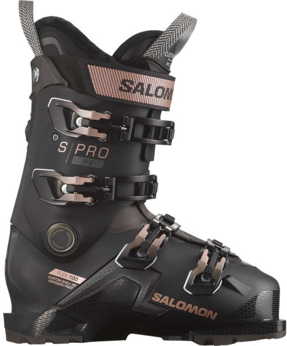 Salomon Women's S/Pro HV 100 Ski Boots 2024 - Black ski boots with rose gold buckles and straps.