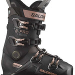 Salomon Women's S/Pro HV 100 Ski Boots 2024 - Black ski boots with rose gold buckles and straps.
