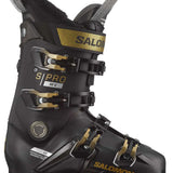 Salomon Women's S/Pro MV 90 Ski Boots 2024 - Black ski boots with gold accents and a textured strap on top.