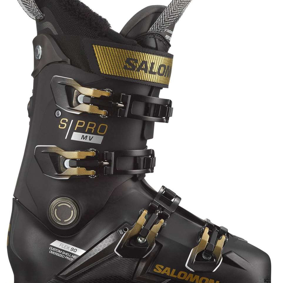 Salomon Women's S/Pro MV 90 Ski Boots 2024 - Black ski boots with gold accents and a textured strap on top.