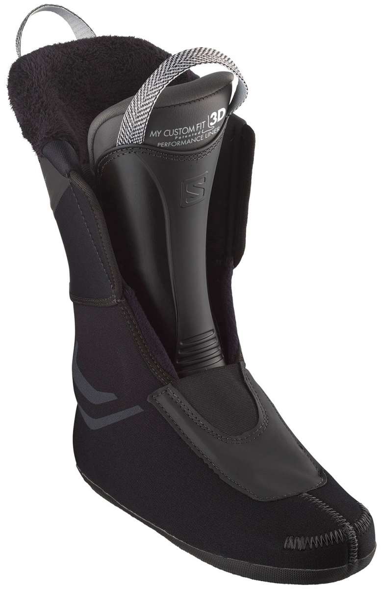 Salomon Women's S/Pro MV 90 Ski Boots 2024 - Black ski boots with a textured pattern on the side and a silver buckle.