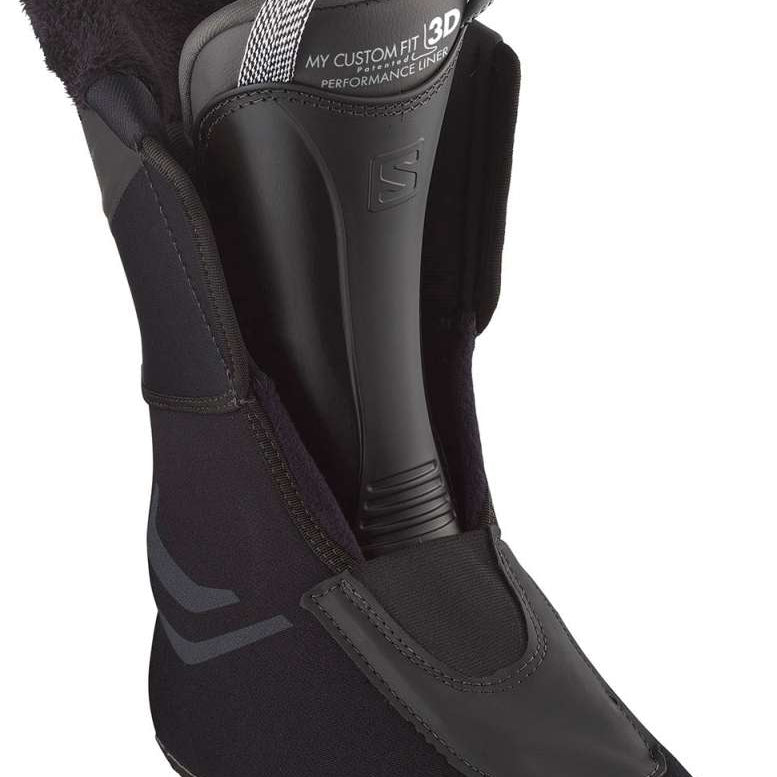 Salomon Women's S/Pro MV 90 Ski Boots 2024 - Black ski boots with a textured pattern on the side and a silver buckle.