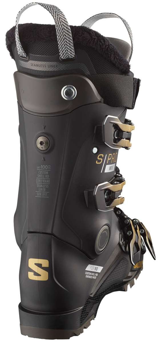 Salomon Women's S/Pro MV 90 Ski Boots 2024 - Black ski boots with a textured pattern on the side and silver buckles.