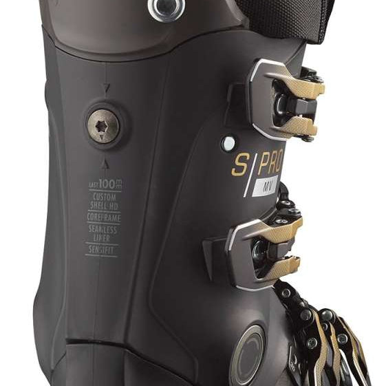 Salomon Women's S/Pro MV 90 Ski Boots 2024 - Black ski boots with a textured pattern on the side and silver buckles.