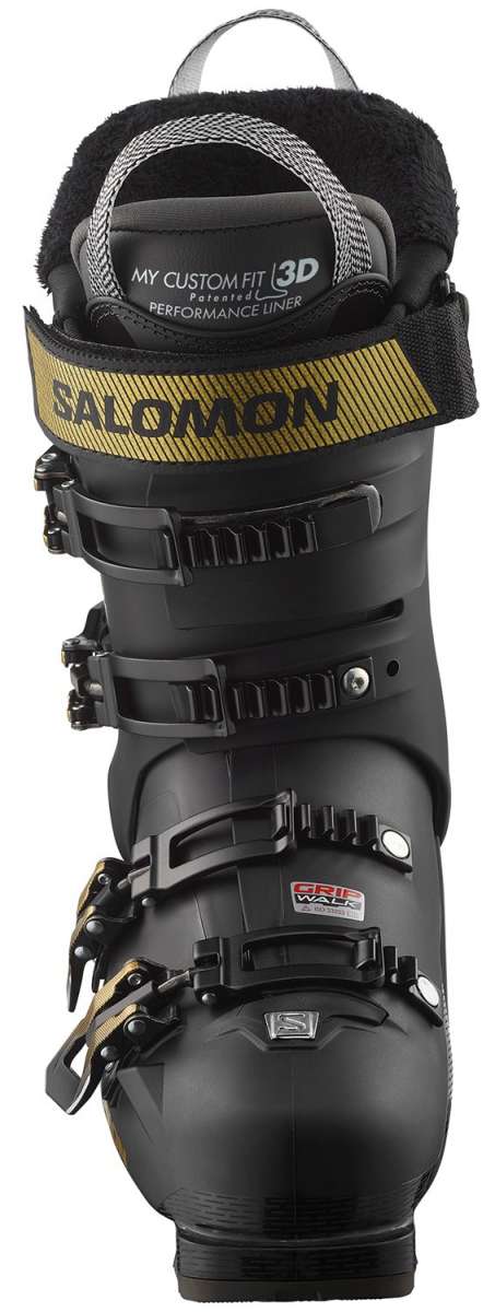 Salomon Women's S/Pro MV 90 Ski Boots 2024 - Black ski boots with white lettering and a yellow stripe on the side.