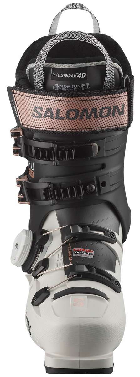 Salomon Women's S/Pro Supra BOA 105 Ski Boots 2024 - Black ski boots with a textured pattern on the tongue and silver buckles.