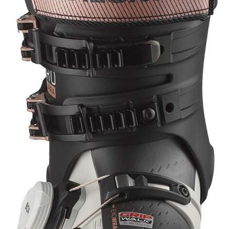 Salomon Women's S/Pro Supra BOA 105 Ski Boots 2024 - Black ski boots with a textured pattern on the tongue and silver buckles.