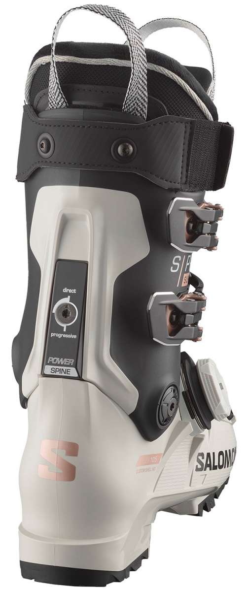 Salomon Women's S/Pro Supra BOA 105 Ski Boots 2024 - Black ski boots with silver buckles and a white logo on the side.