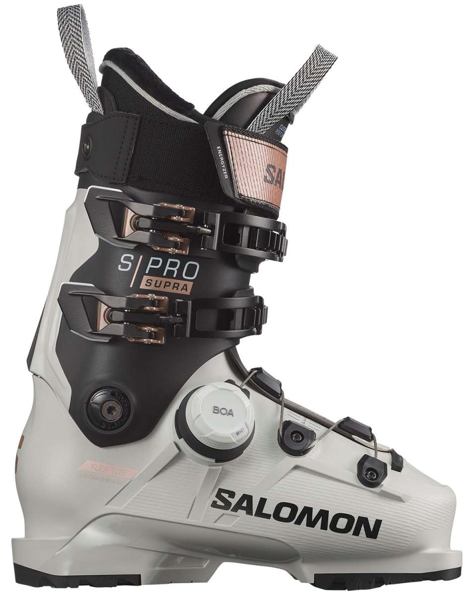 Salomon Women's S/Pro Supra BOA 105 Ski Boots 2024 - Black ski boot with silver hardware and a textured pattern on the side.