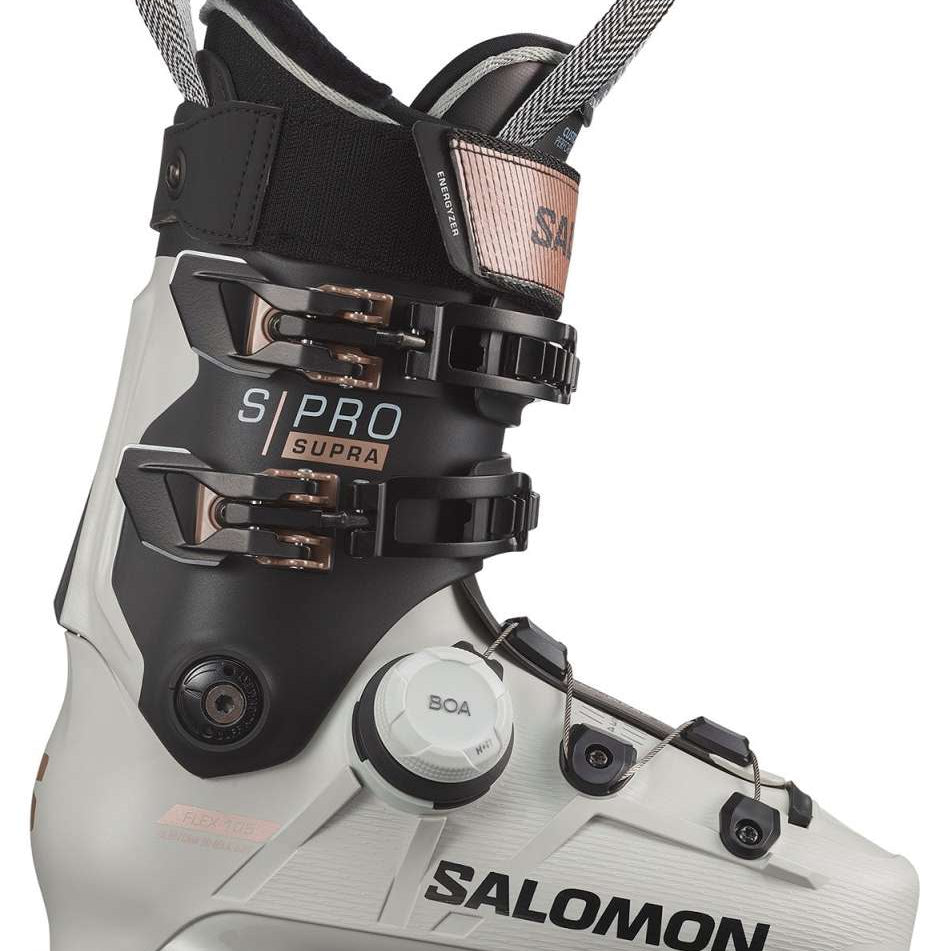 Salomon Women's S/Pro Supra BOA 105 Ski Boots 2024 - Black ski boot with silver hardware and a textured pattern on the side.