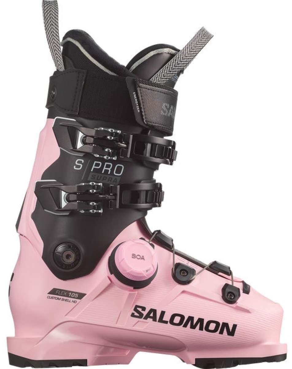 Salomon Women's S/Pro Supra BOA 105 Ski Boots 2024 - Black ski boot with silver buckles and a black strap on top.