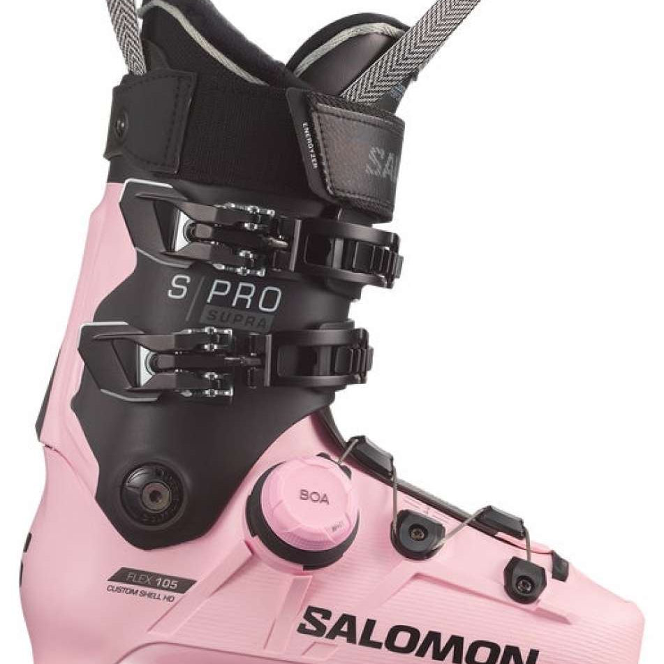 Salomon Women's S/Pro Supra BOA 105 Ski Boots 2024 - Black ski boot with silver buckles and a black strap on top.
