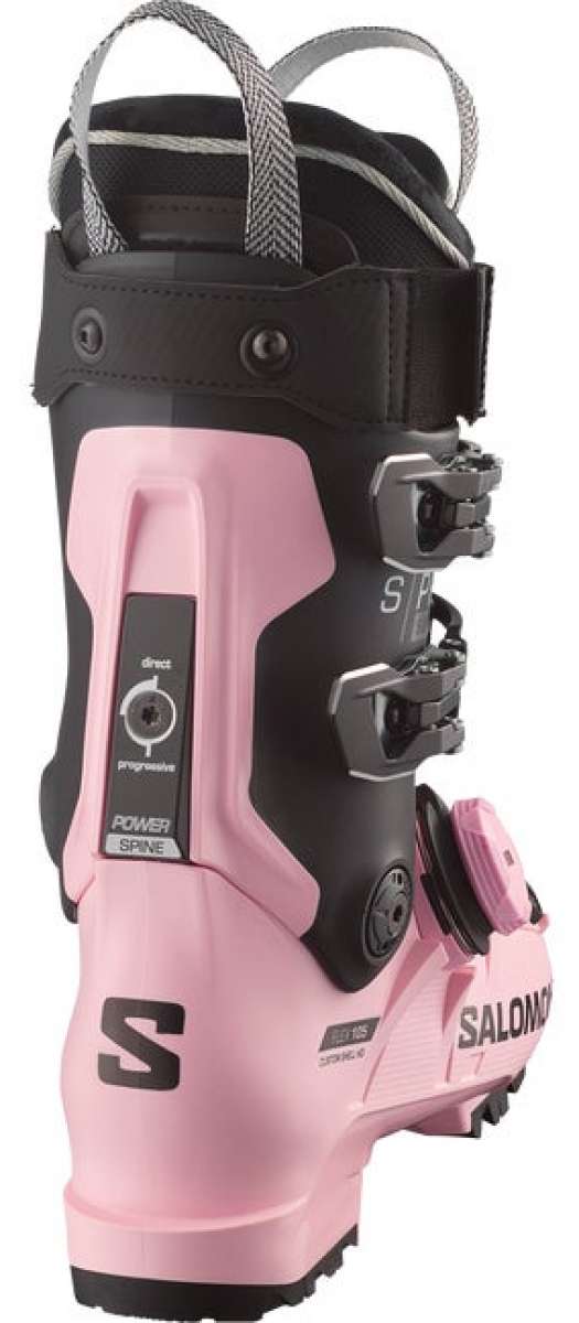 Salomon Women's S/Pro Supra BOA 105 Ski Boots 2024 - Black ski boots with silver buckles and gray accents.