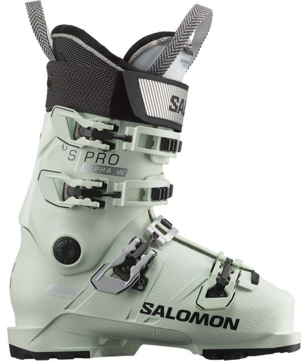 Salomon Women's S Pro Alpha 100 Boot 2024 - A white ski boot with black accents and a textured surface, featuring a prominent "SALOMON" logo on the side.