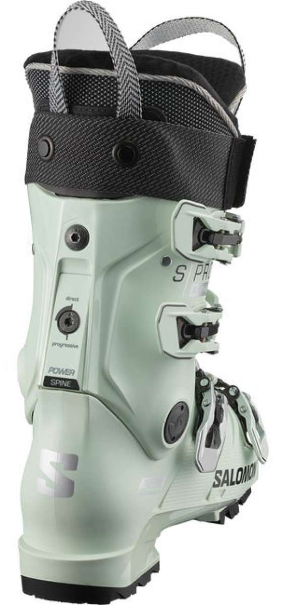 Salomon Women's S Pro Alpha 100 Boot 2024 - A mint green ski boot with a black strap and buckle on top.