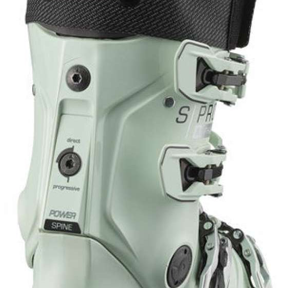 Salomon Women's S Pro Alpha 100 Boot 2024 - A mint green ski boot with a black strap and buckle on top.