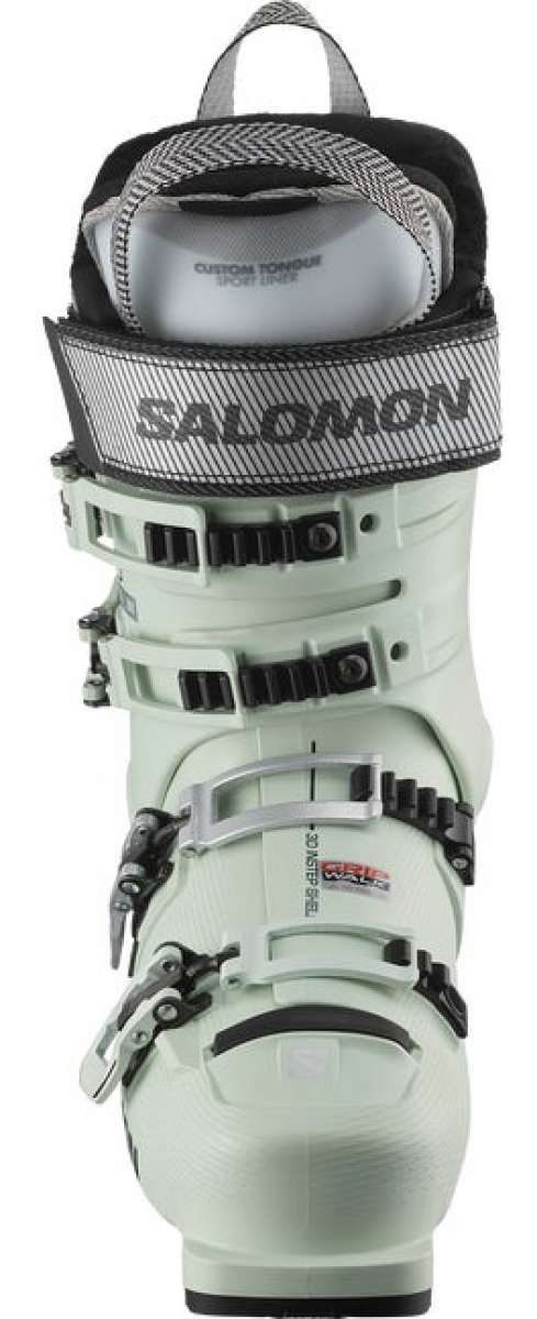 Salomon Women's S Pro Alpha 100 Boot 2024 - A white boot with black accents and a gray patterned strap.