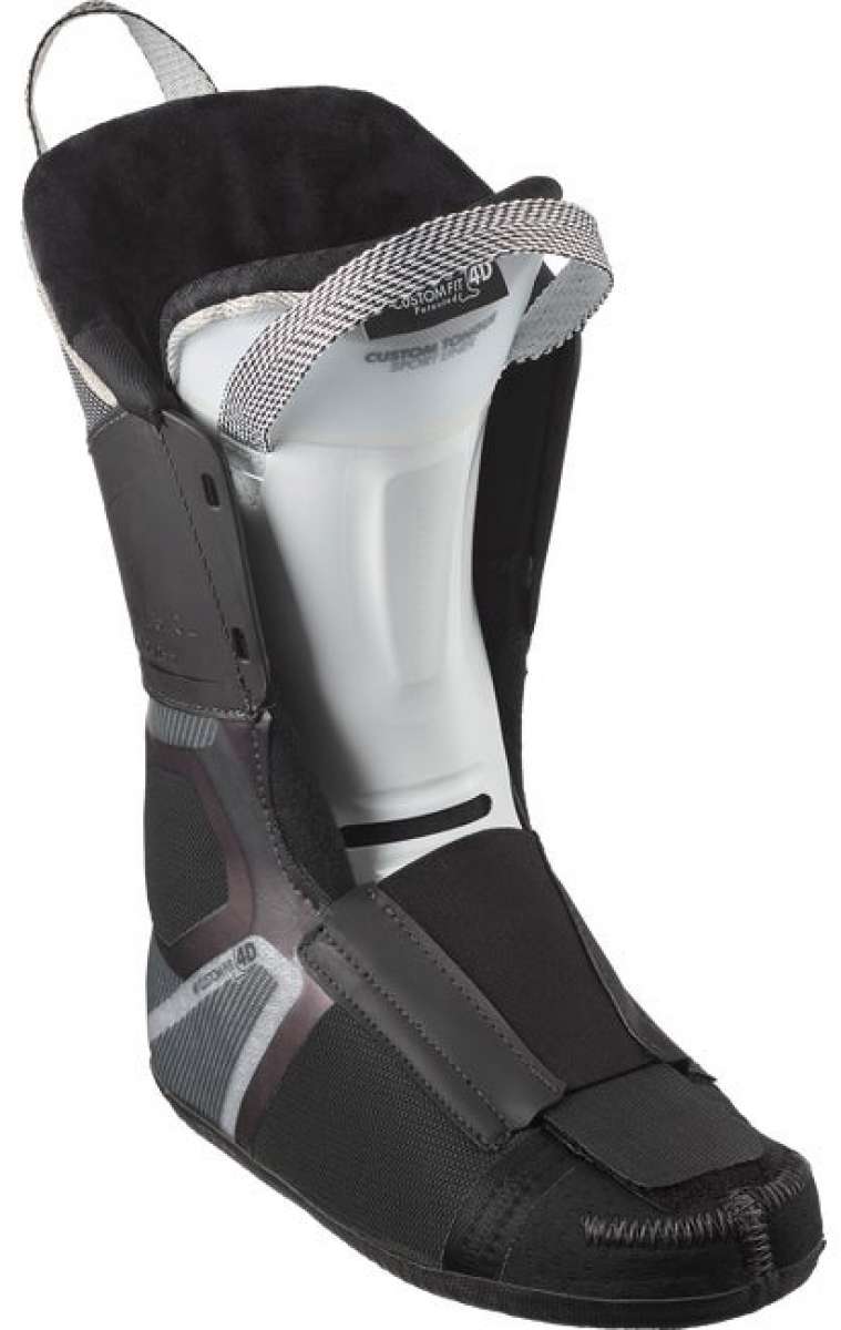 Salomon Women's S Pro Alpha 100 Boot 2024 - Black boot with white logo on top and silver hardware.