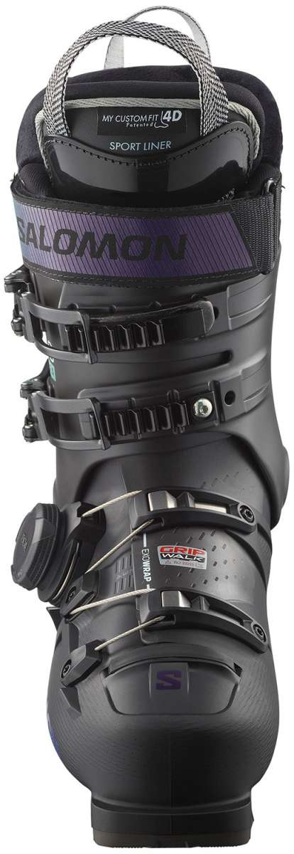 Salomon Women's S/Pro Supra Boa 95 Ski Boots 2024 - Black ski boots with a purple logo on the side and silver buckles.