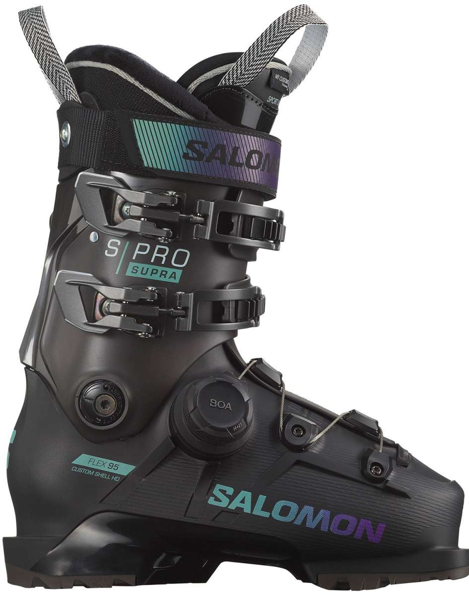 Salomon Women's S/Pro Supra Boa 95 Ski Boots 2024 - Black ski boot with purple and teal accents, featuring a BOA closure system on the side.