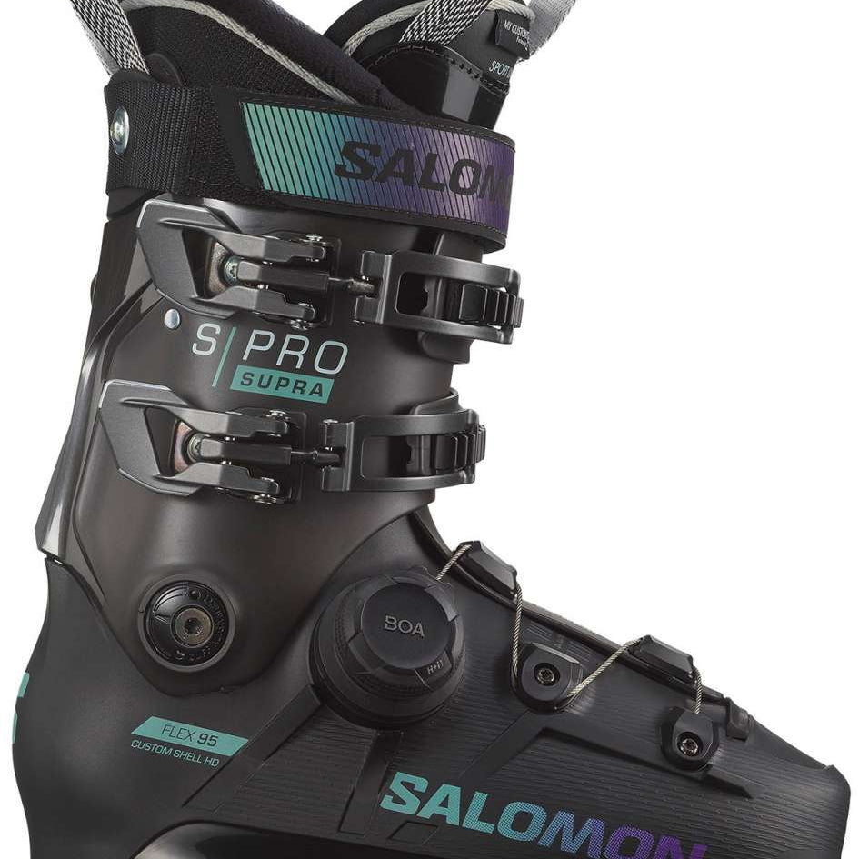 Salomon Women's S/Pro Supra Boa 95 Ski Boots 2024 - Black ski boot with purple and teal accents, featuring a BOA closure system on the side.