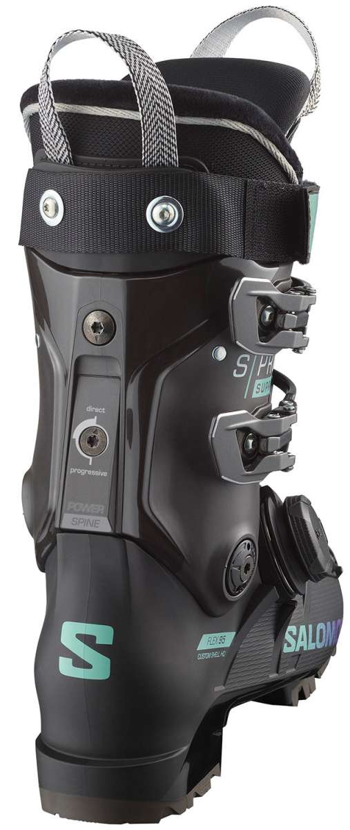 Salomon Women's S/Pro Supra Boa 95 Ski Boots 2024 - Black ski boots with a textured pattern on the side and silver buckles.