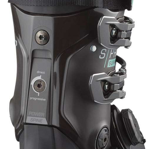 Salomon Women's S/Pro Supra Boa 95 Ski Boots 2024 - Black ski boots with a textured pattern on the side and silver buckles.