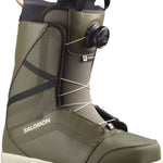 Salomon Women's Scarlet BOA Snowboard Boots 2024 - A pair of olive green snowboard boots with a black BOA dial on the side and white laces.