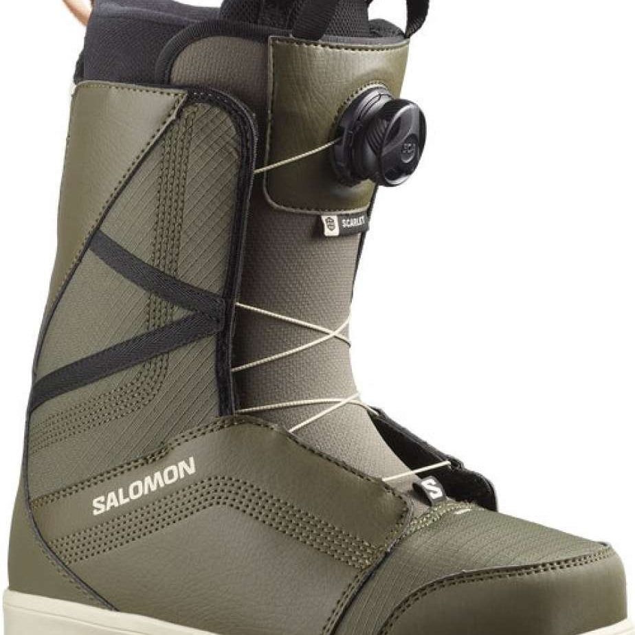 Salomon Women's Scarlet BOA Snowboard Boots 2024 - A pair of olive green snowboard boots with a black BOA dial on the side and white laces.