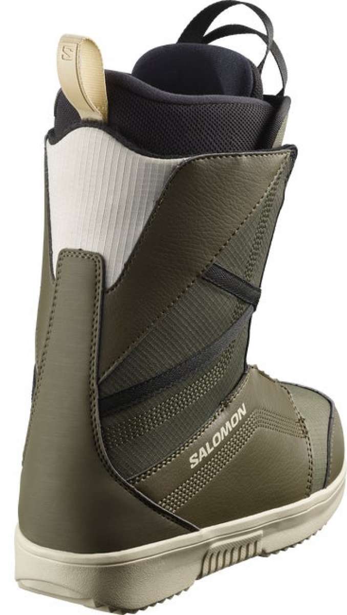 Salomon Women's Scarlet BOA Snowboard Boots 2024 - A pair of olive green snowboard boots with a white sole and black laces.