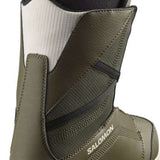 Salomon Women's Scarlet BOA Snowboard Boots 2024 - A pair of olive green snowboard boots with a white sole and black laces.