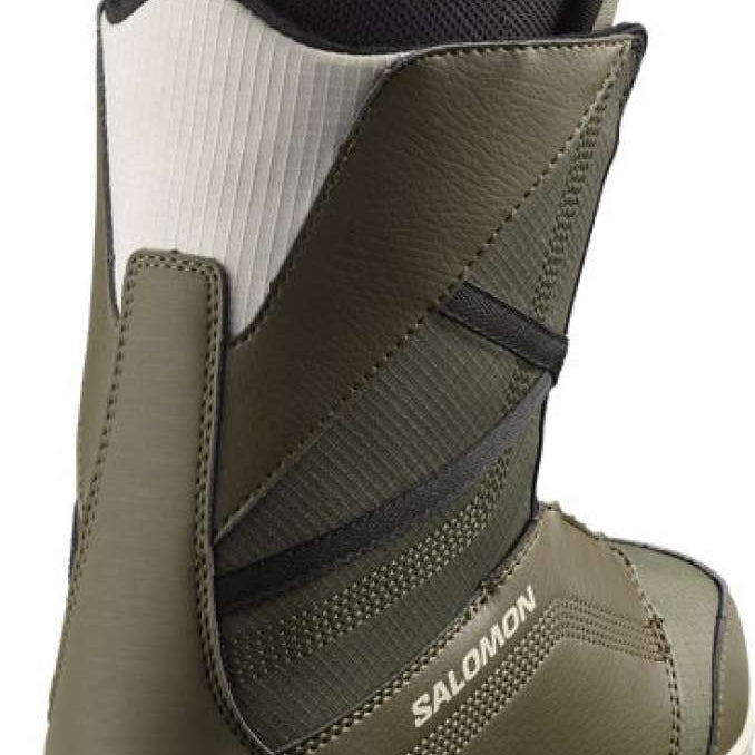Salomon Women's Scarlet BOA Snowboard Boots 2024 - A pair of olive green snowboard boots with a white sole and black laces.