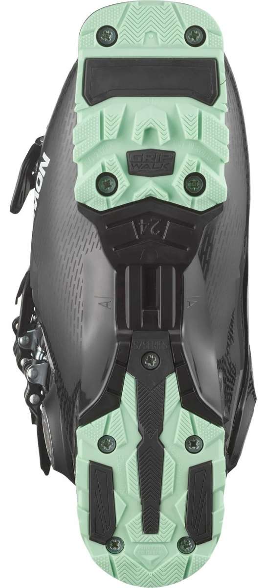 Salomon Women's Select HV 80 Ski Boots 2024 - Black ski boots with a textured, rubberized toe cap and silver buckles.