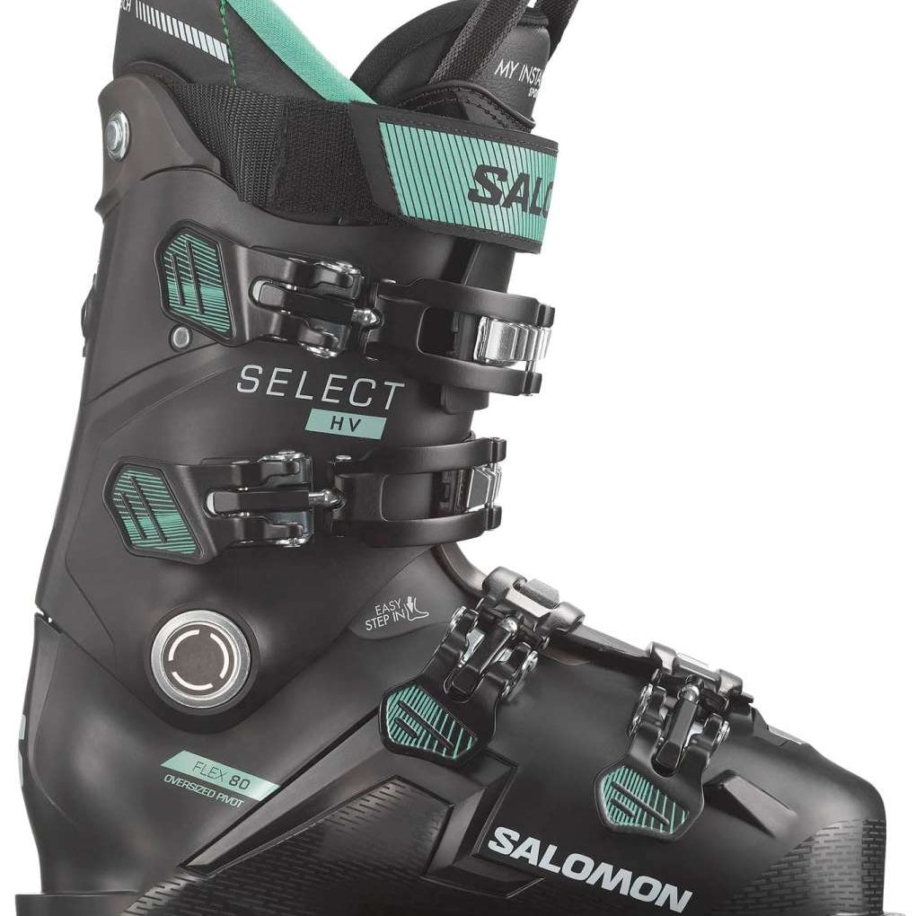 Salomon Women's Select HV 80 Ski Boots 2024 - Black ski boot with silver buckles and teal accents.