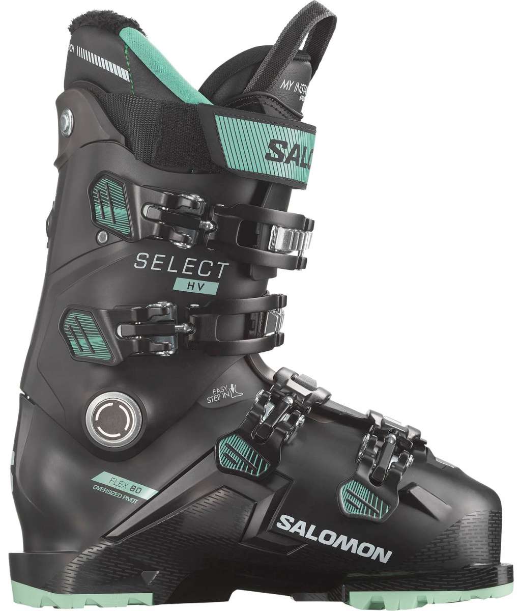 Salomon Women's Select HV 80 Ski Boots 2024 - Black ski boot with silver buckles and teal accents.