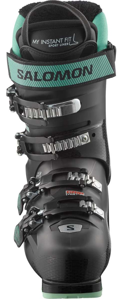 Salomon Women's Select HV 80 Ski Boots 2024 - Black ski boots with silver buckles and a teal logo on the side.