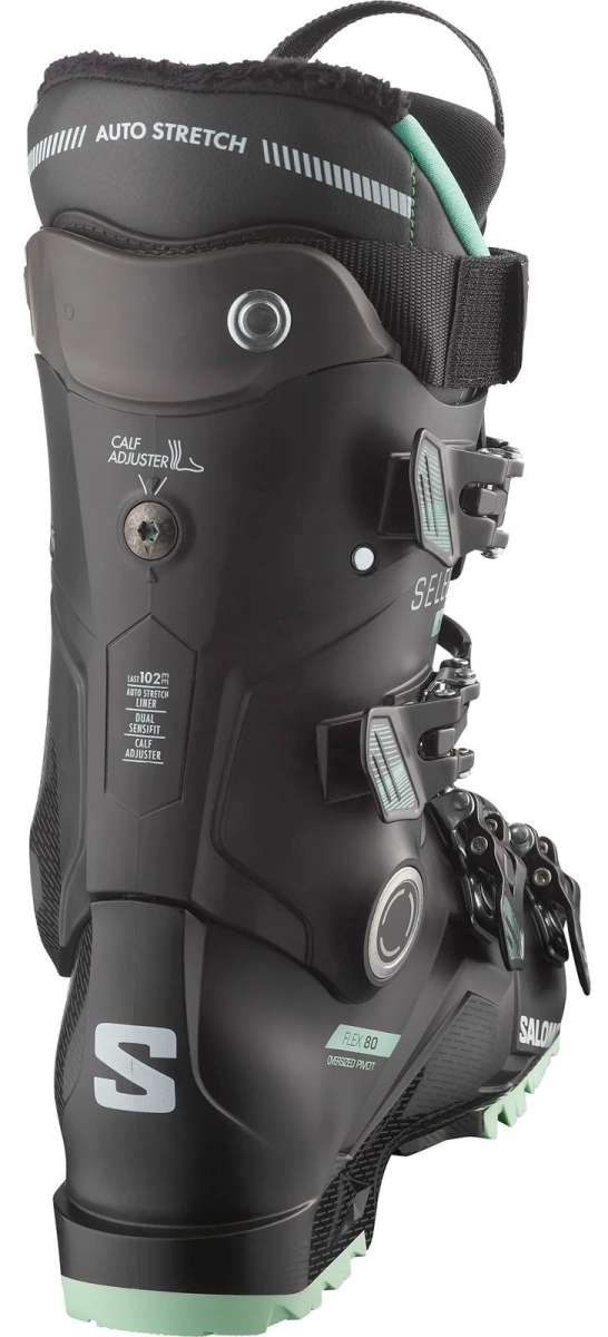 Salomon Women's Select HV 80 Ski Boots 2024 - Black ski boots with white lettering and a silver buckle on the side.
