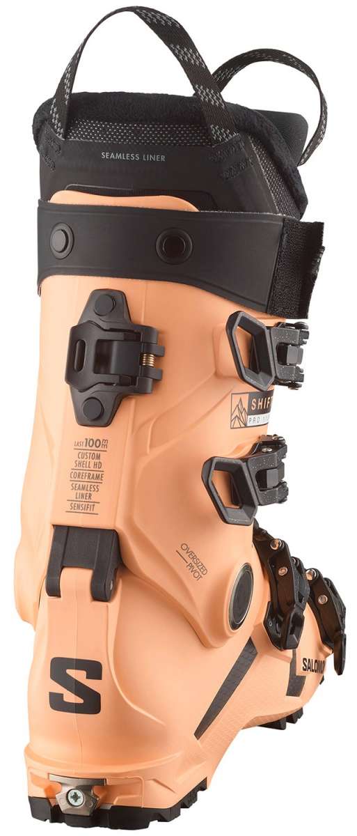 Salomon Ladies Shift Pro 110 AT Ski Boots 2024 - A pair of tan ski boots with black buckles and straps, featuring a seamless liner.