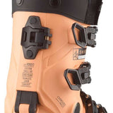 Salomon Ladies Shift Pro 110 AT Ski Boots 2024 - A pair of tan ski boots with black buckles and straps, featuring a seamless liner.